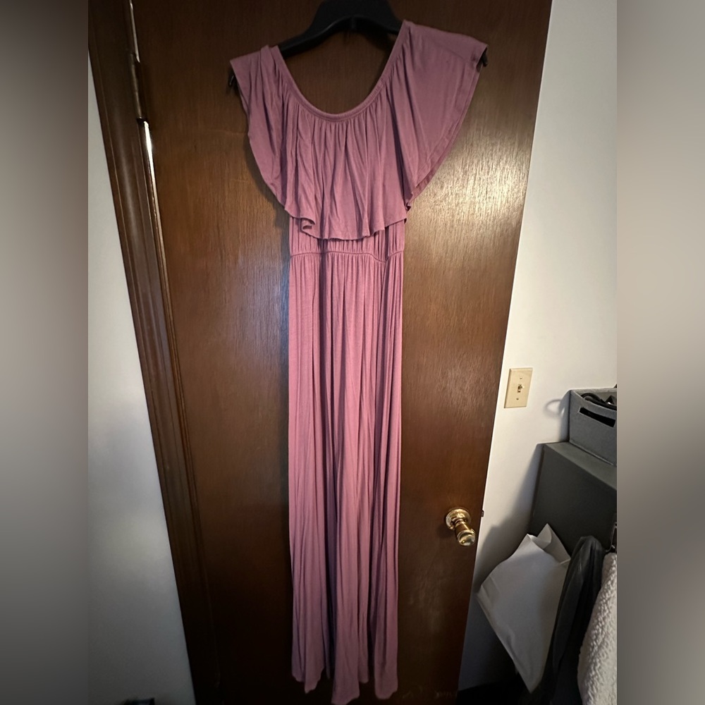 Mother Bee Maternity Open Shoulder Dress with Ruffles